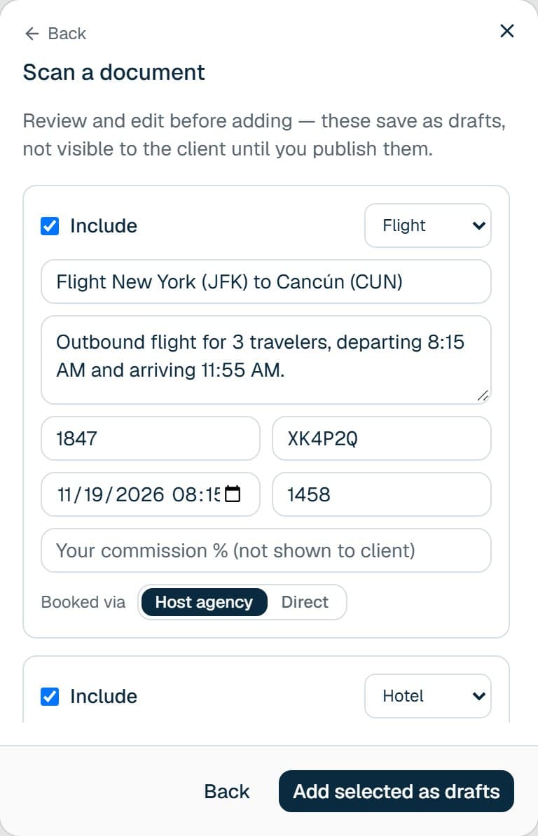 The itinerary items the AI drafted from that confirmation