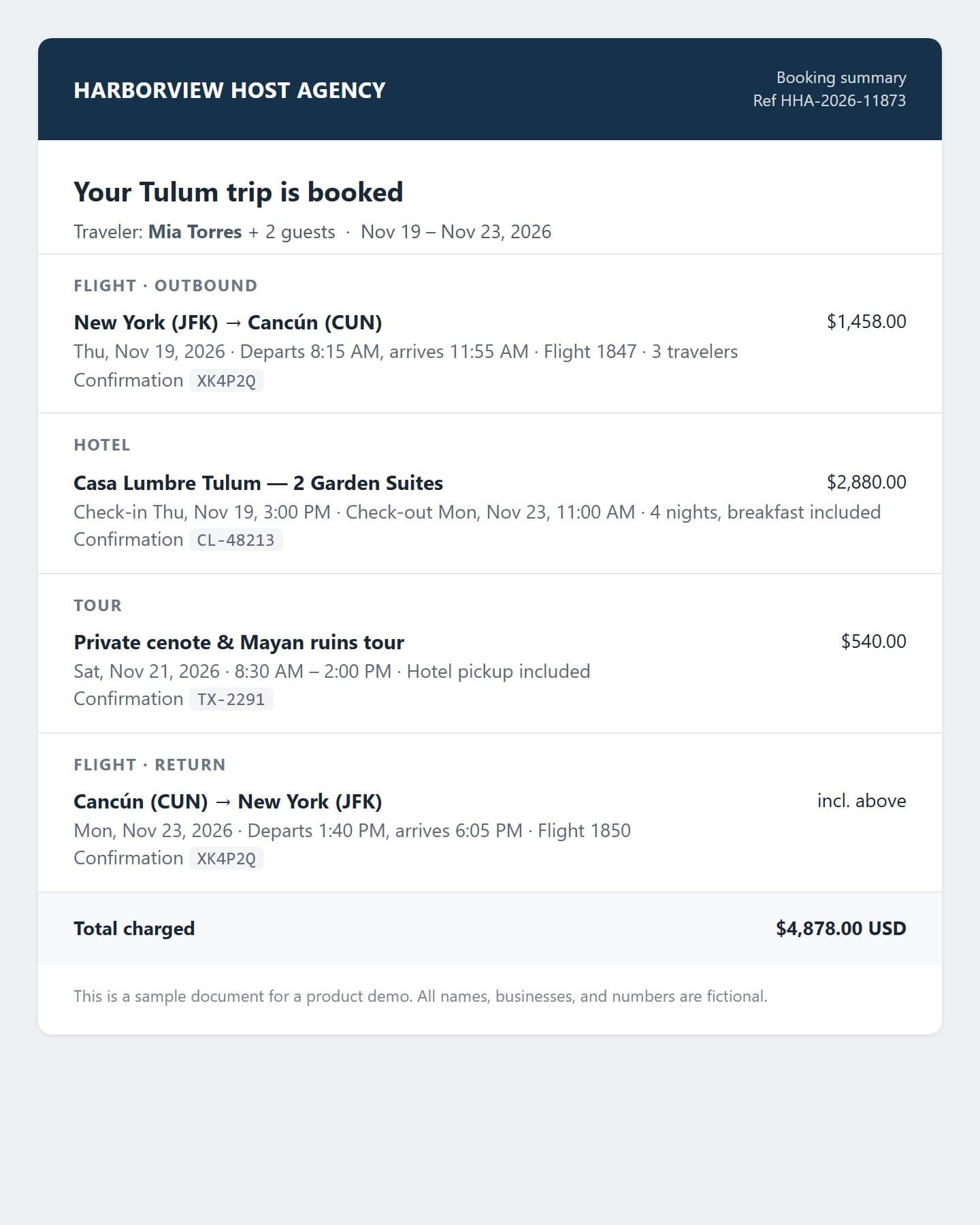 A sample booking confirmation with flights, a hotel, and a tour